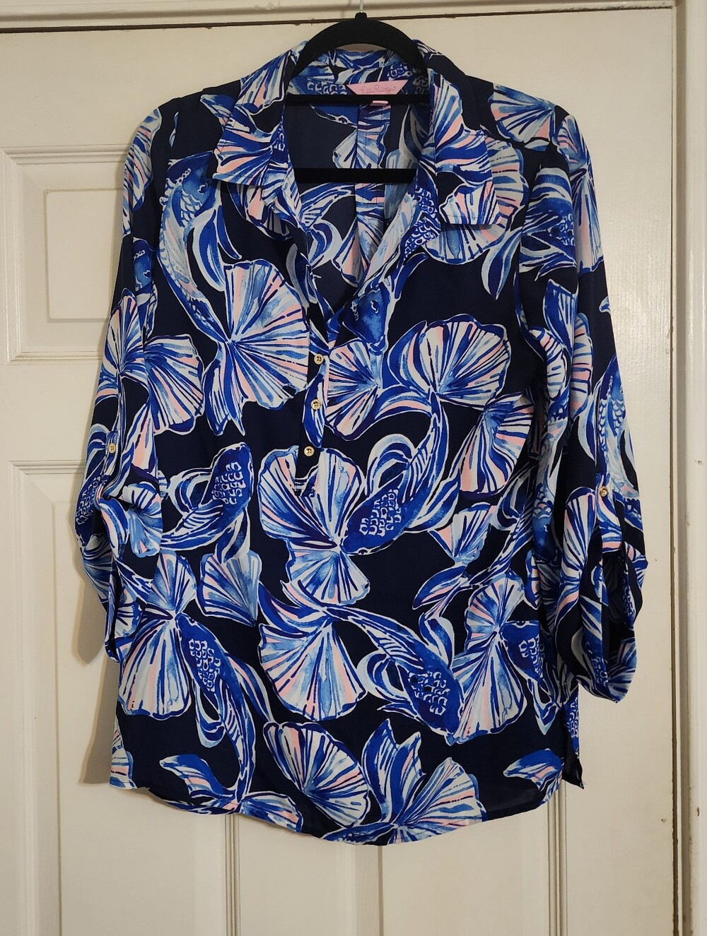 Large Lilly Pulitzer Sheer Navy Pink Top Shell Me About It Sophie